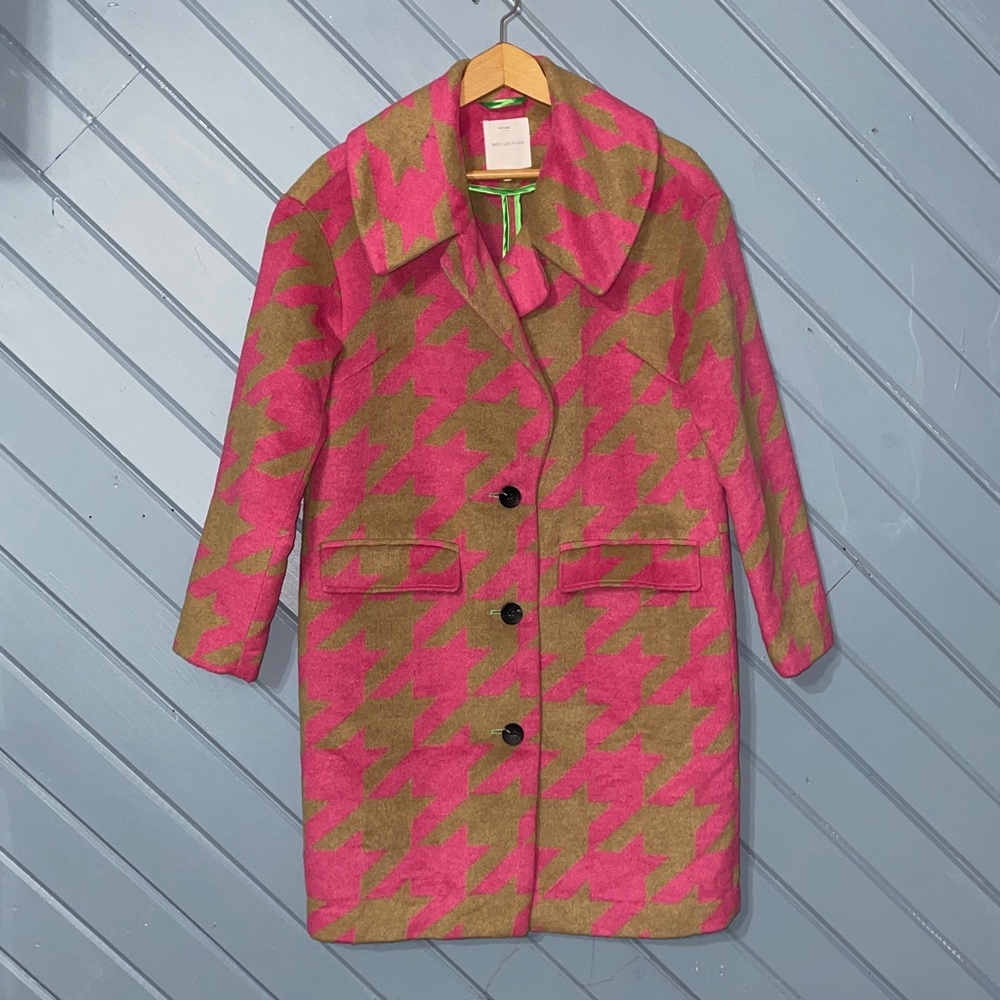 Avec Les Filles Wool Blend Brown Pink Oversized Houndstooth Printed Coat